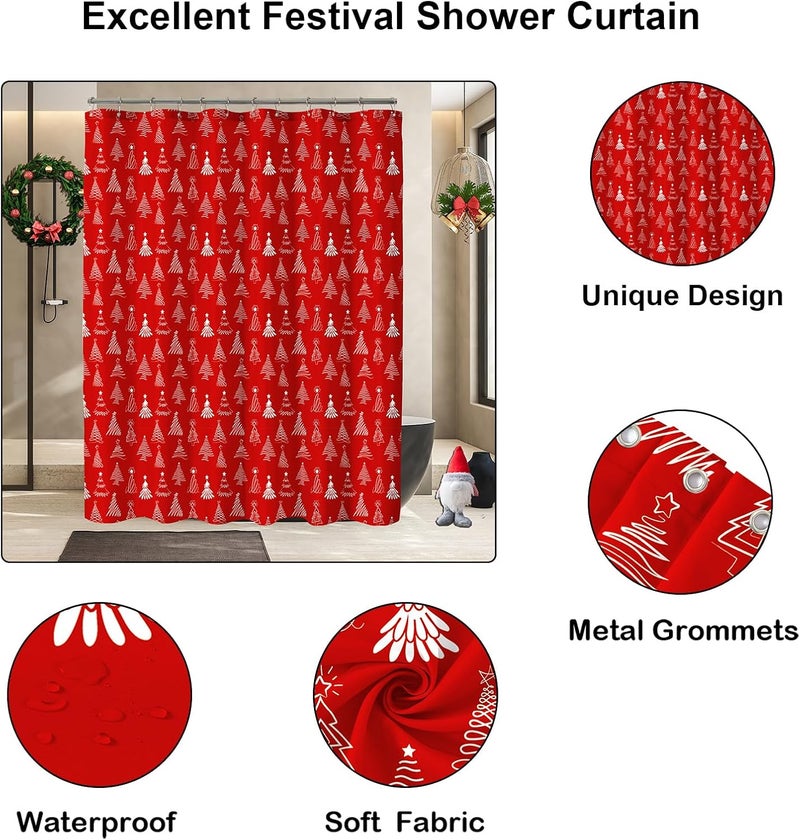 YOSTEV Christmas Shower Curtain, Christmas Tree Shower Curtains for Bathroom, Red Winter Holiday Shower Curtain for Bathroom Decor, Merry Christmas Xmas Pine Fabric Cloth Bath Curtain, 72 x 72 Inch - Image 3